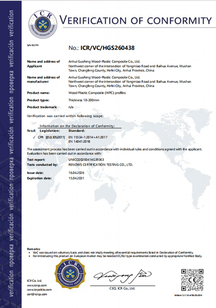 Porcellana AnHui Guofeng Wood-Plastic Composite Co., Ltd Certificazioni