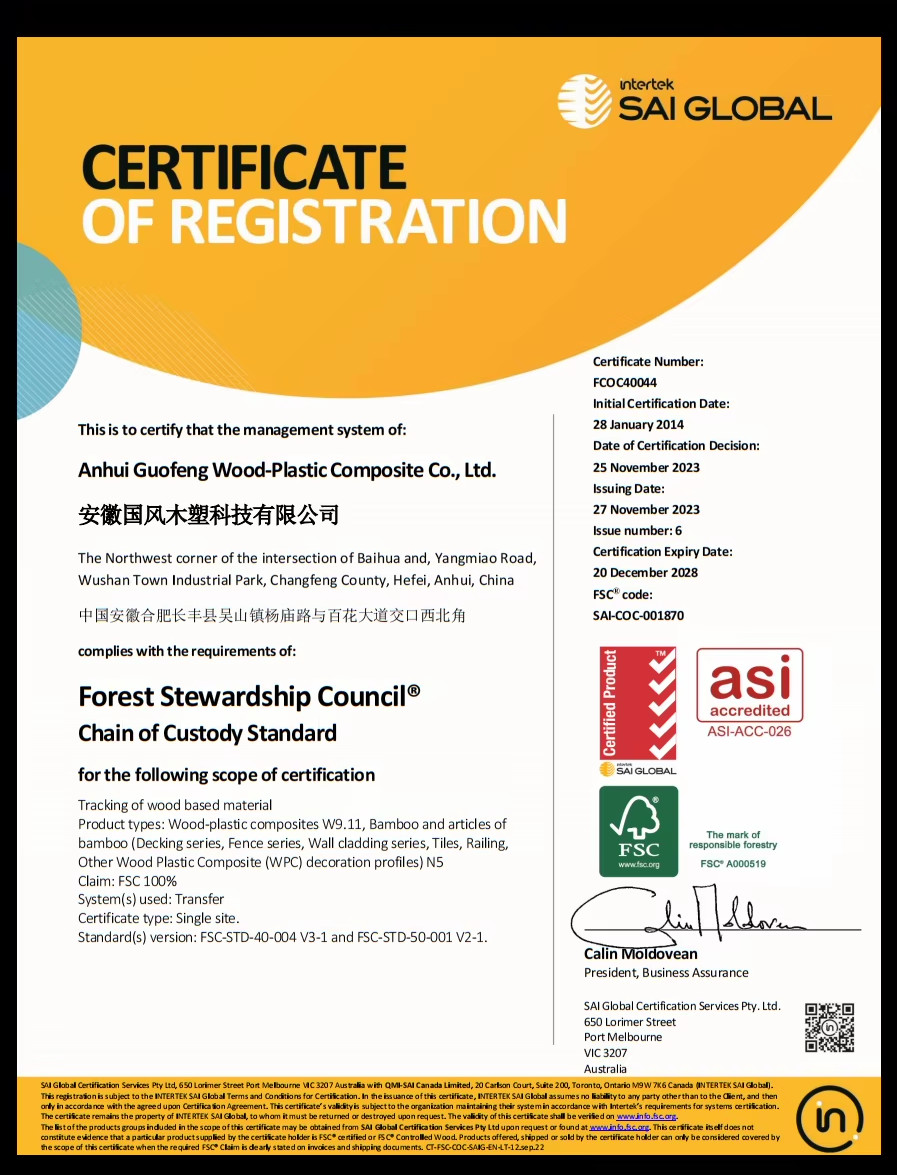 Porcellana AnHui Guofeng Wood-Plastic Composite Co., Ltd Certificazioni